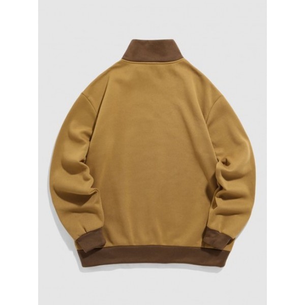 Two Tone Color Letter Printed Fleece-lined Zipper Design Pullover Sweatshirt