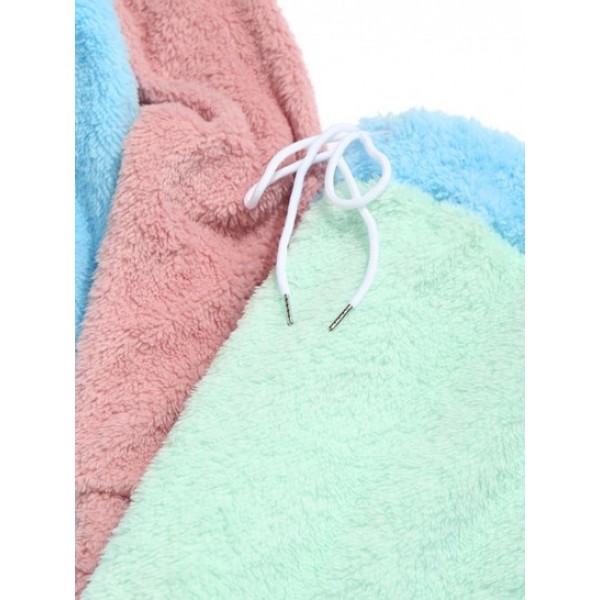 Colorblock Panel Fluffy Hoodie And Pants Two Piece Set