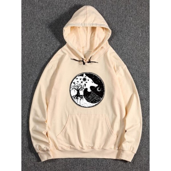 Tree Wolf Print Front Pocket Fleece Hoodie Tree Wolf Print Front Pocket Fleece Hoodie